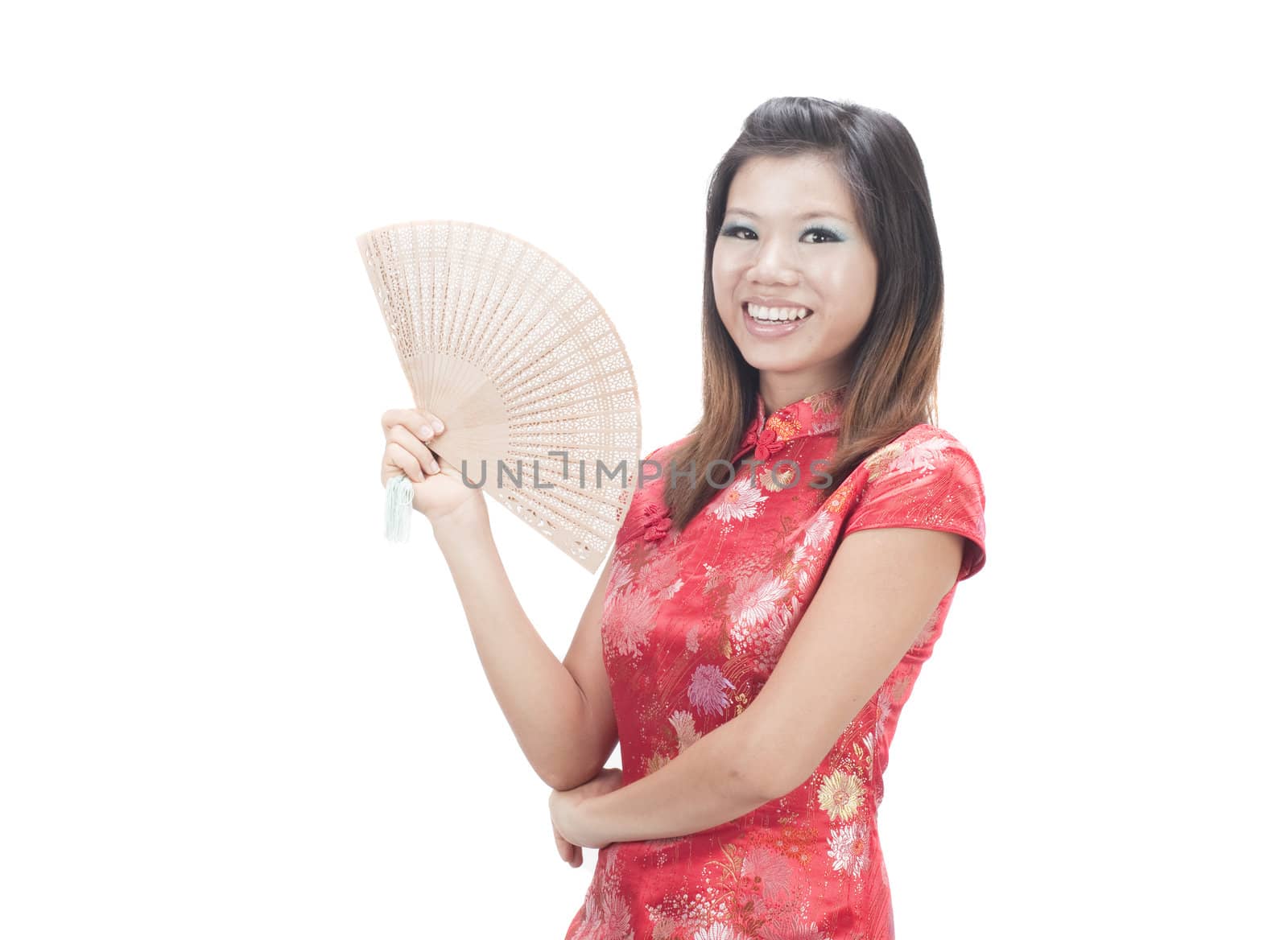 chinese girl with a fan and isolated white background