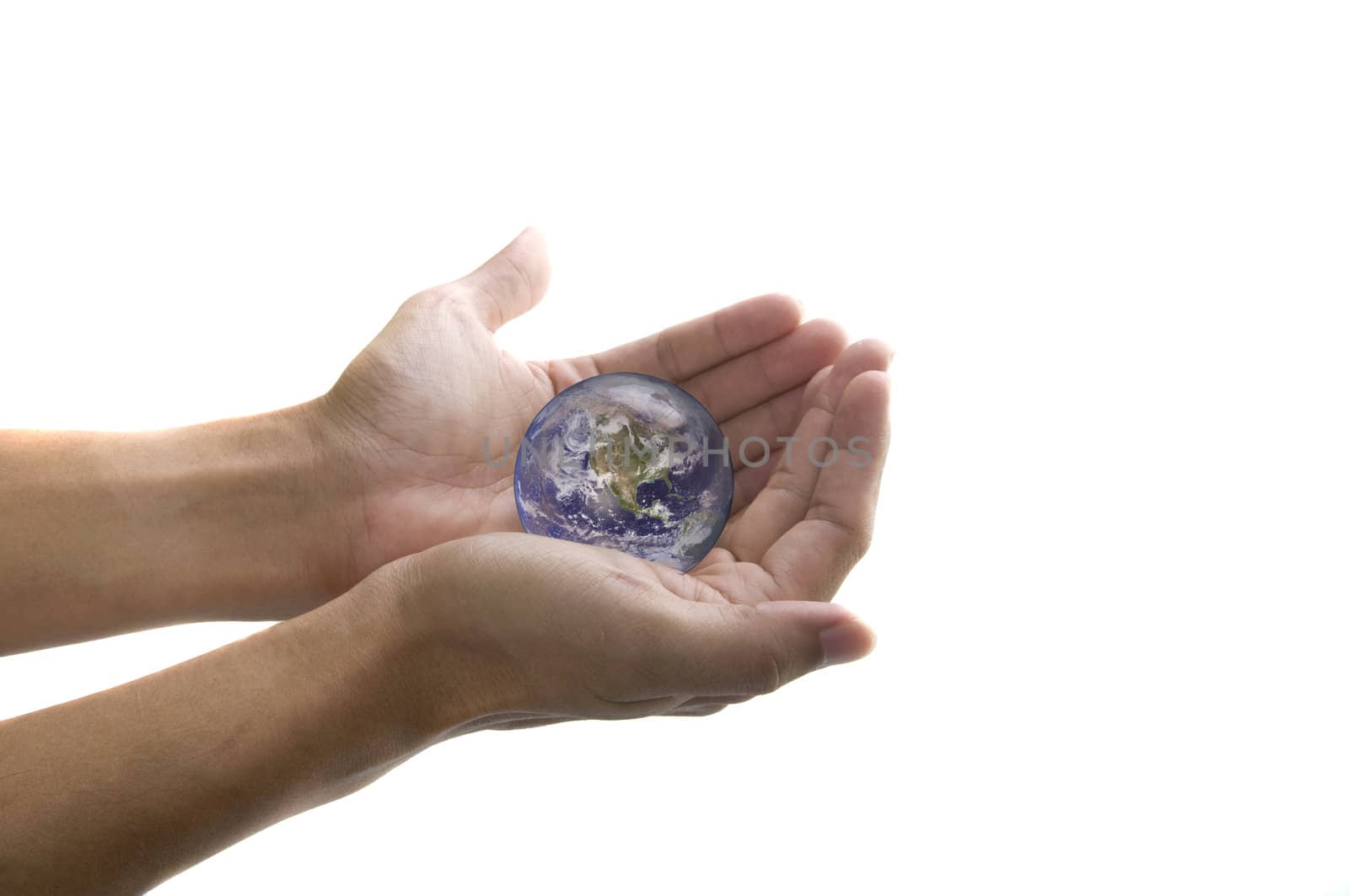 photo of hand holding globe with isolated white background

Earth map by courtesy of visibleearth.nasa.gov 
