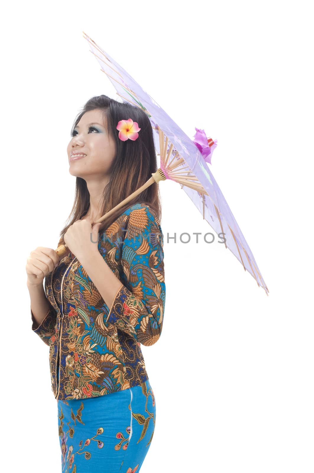 malaysian girl wearing a kebaya with isolated white background 