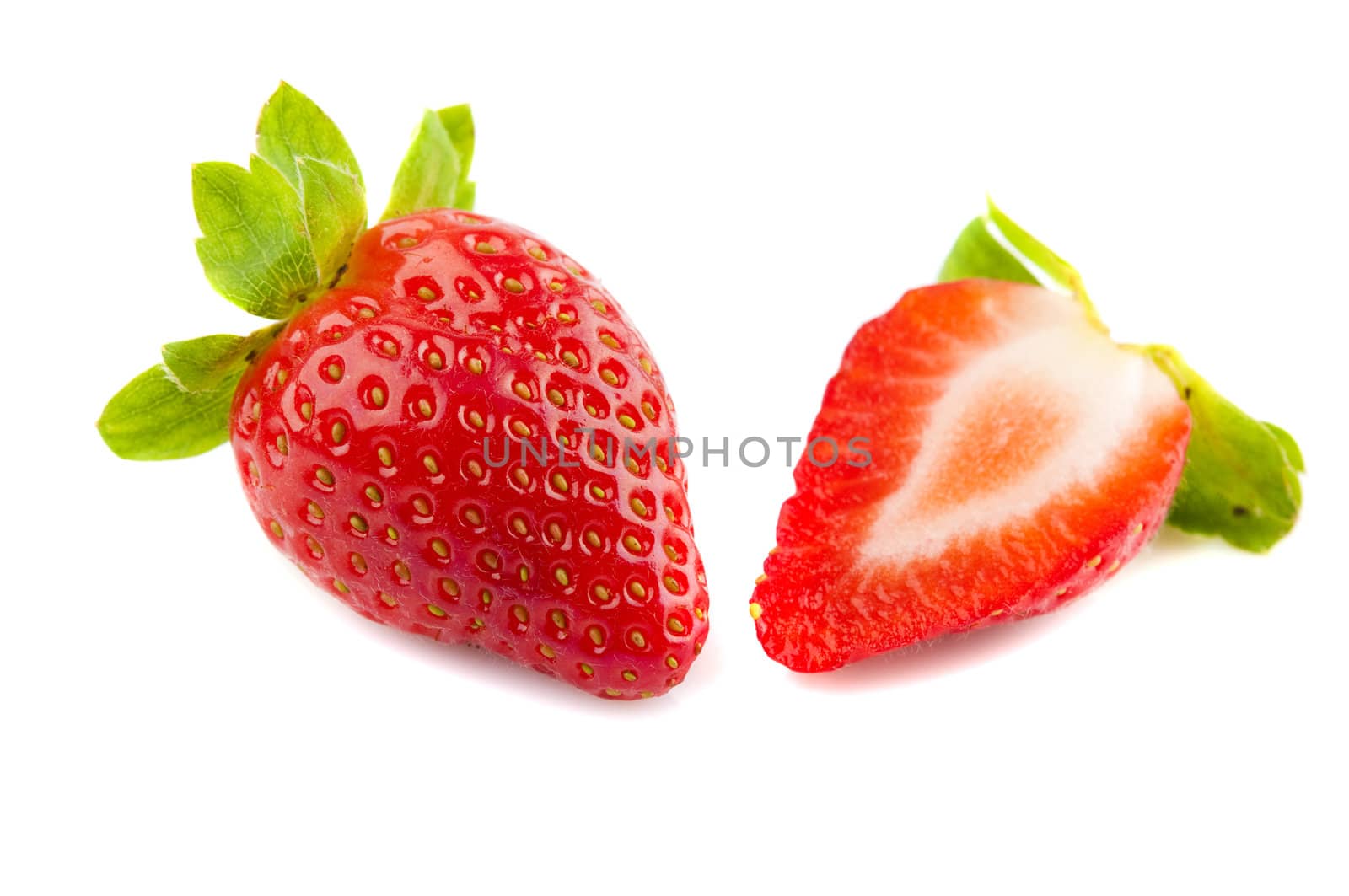 strawberry fruit and half cut with isolated white background 