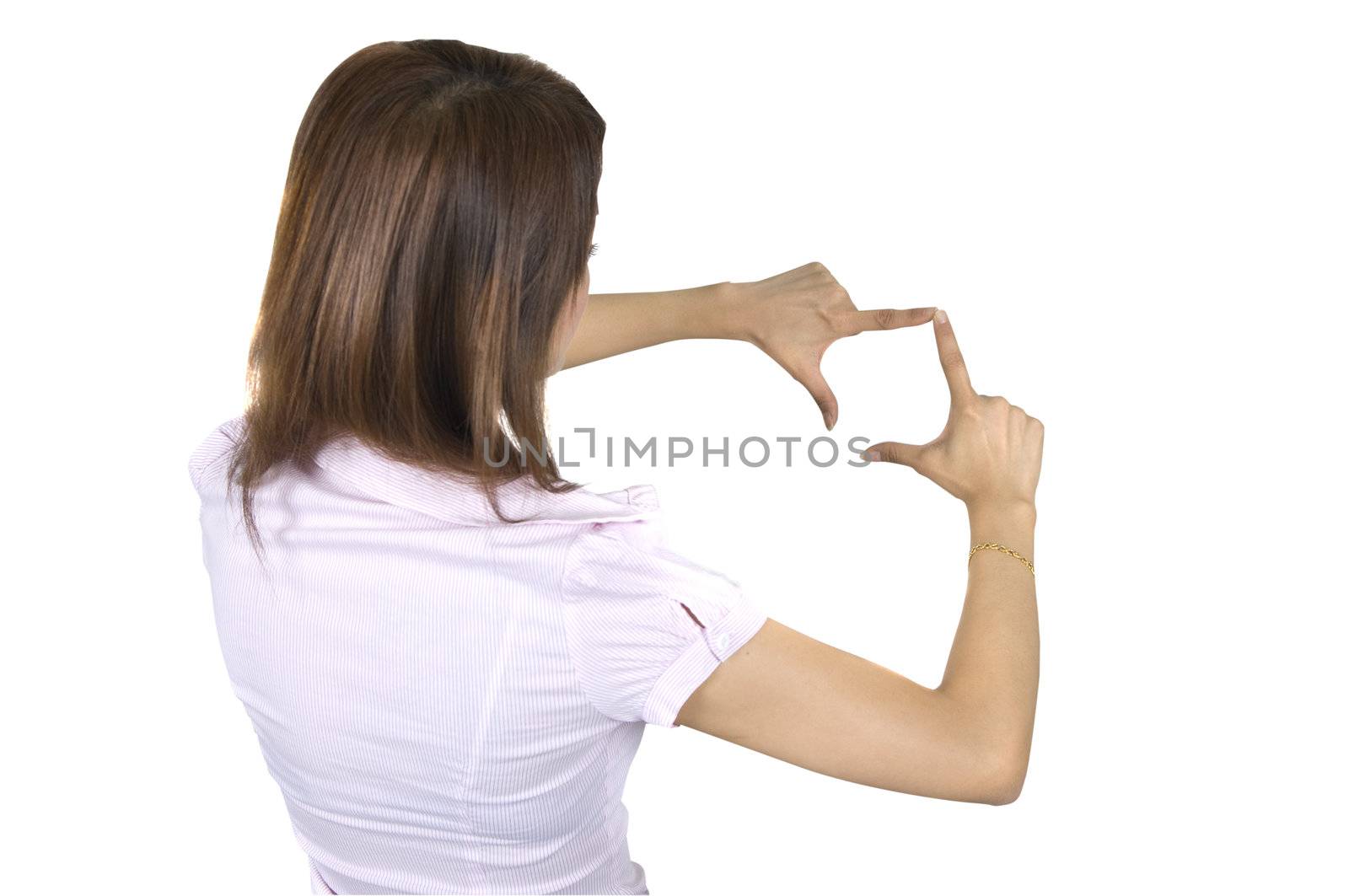 isolated asian business women with finger forming a target, usable for corporate achievement,targets ,etc