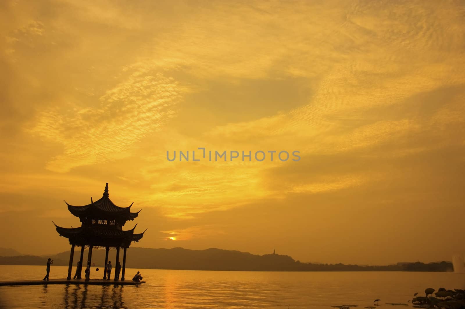 chinese pagoda landmark at xihu, hangzhou china 