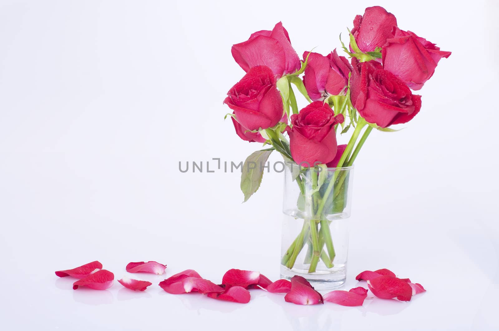 a bunch of red rose with petals on a vase 