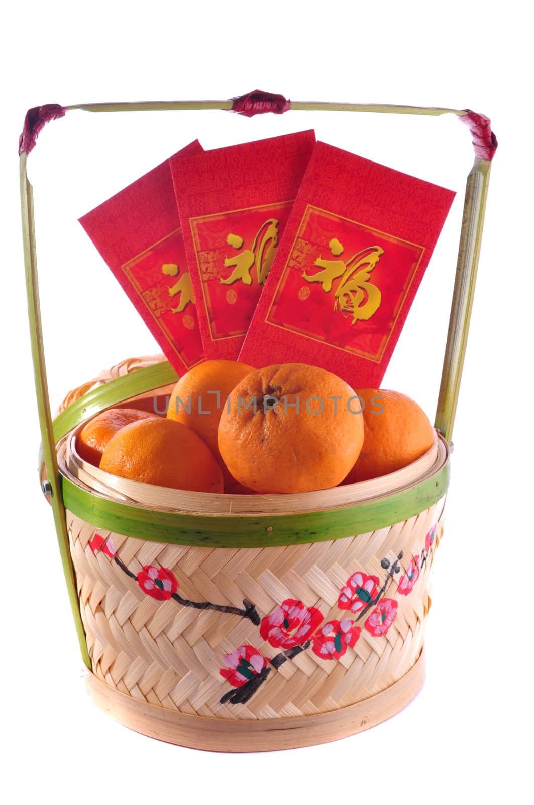 chinese new year basket ,character on red packet symbolyzes luck