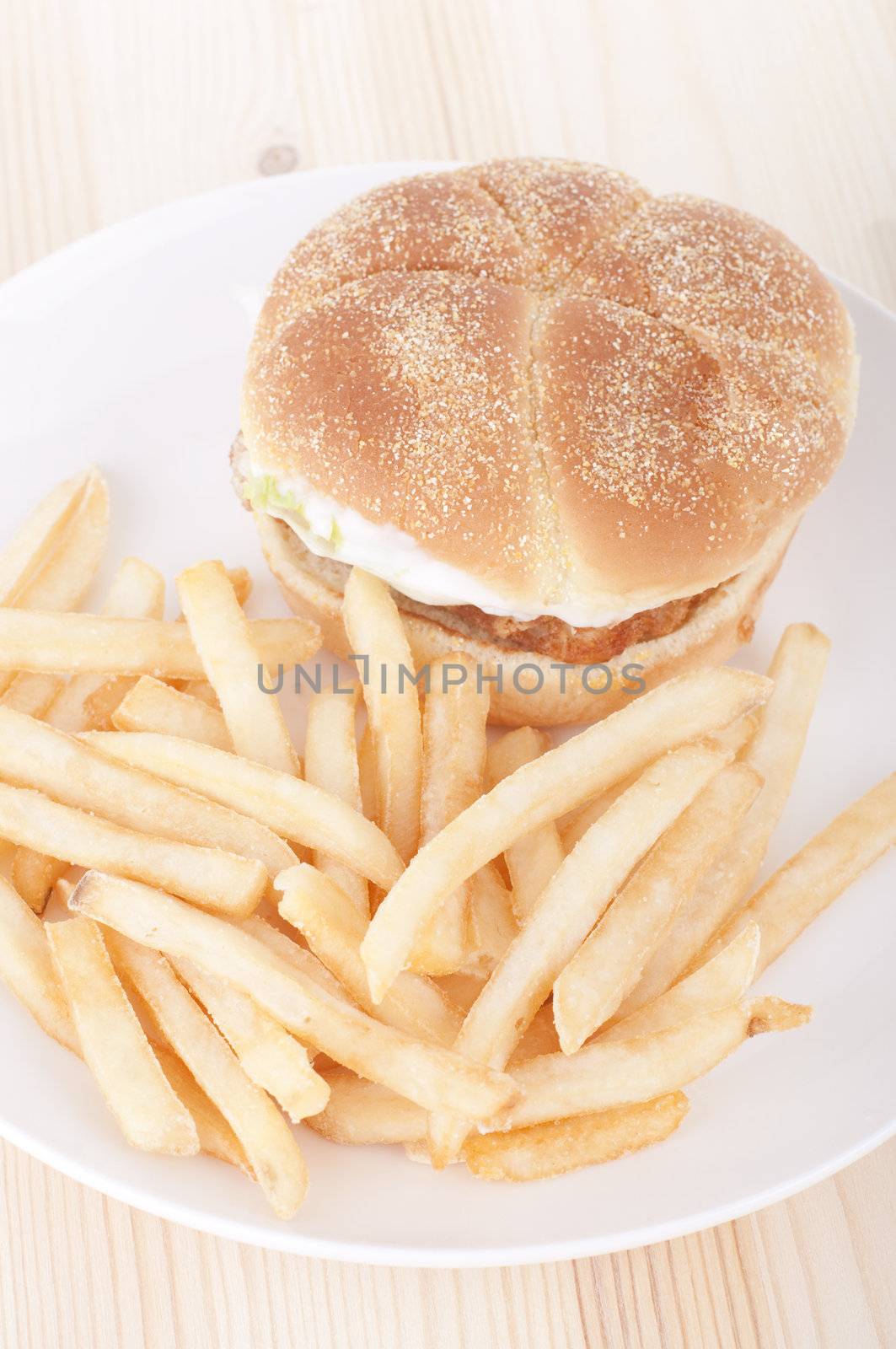 fish burger and potato chips on a plate
