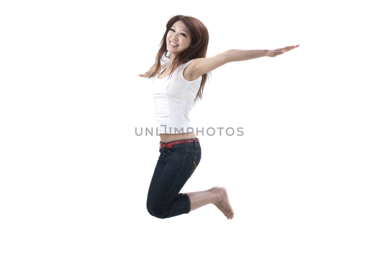 asian girl jumping with isolated white background