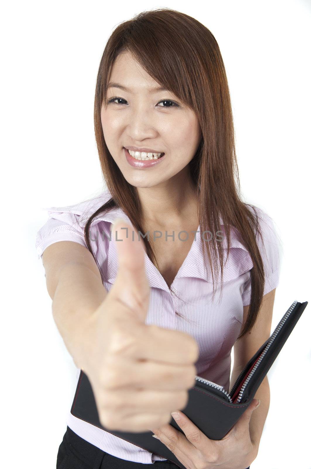 adult asian business woman thumbs up with isolated white background
