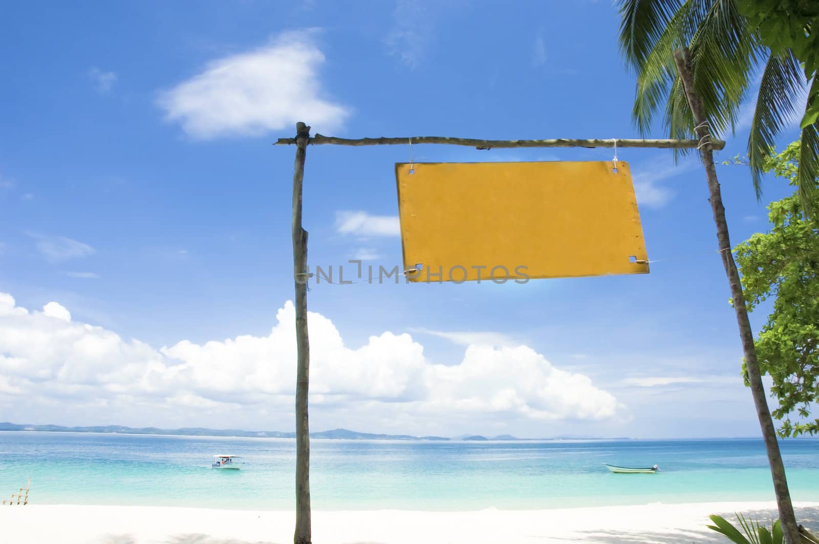 blue beach with empty signboard and coconut foreground
