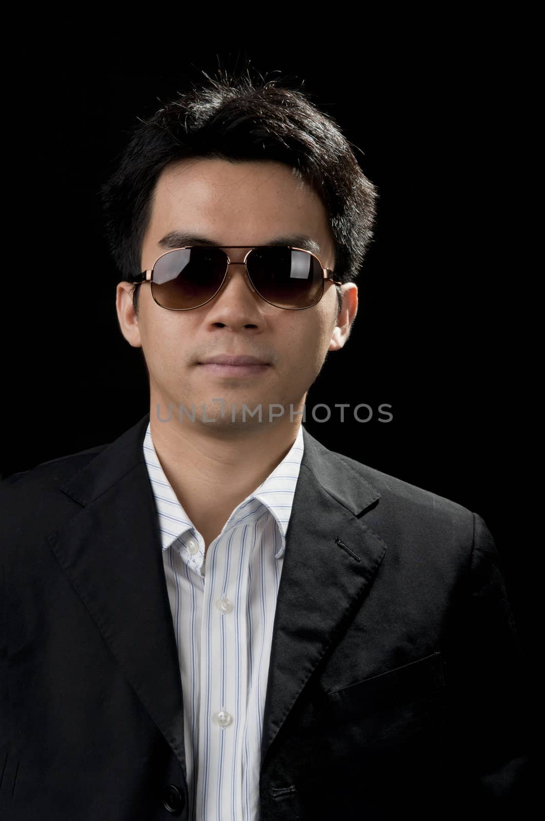 Portrait of a young man in suit and sunglasses. 