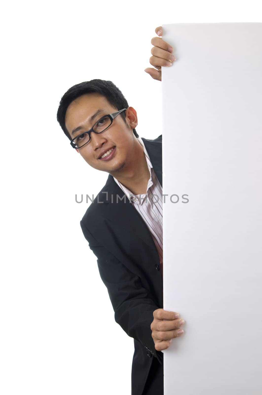 asian business man behind blank cardboard
