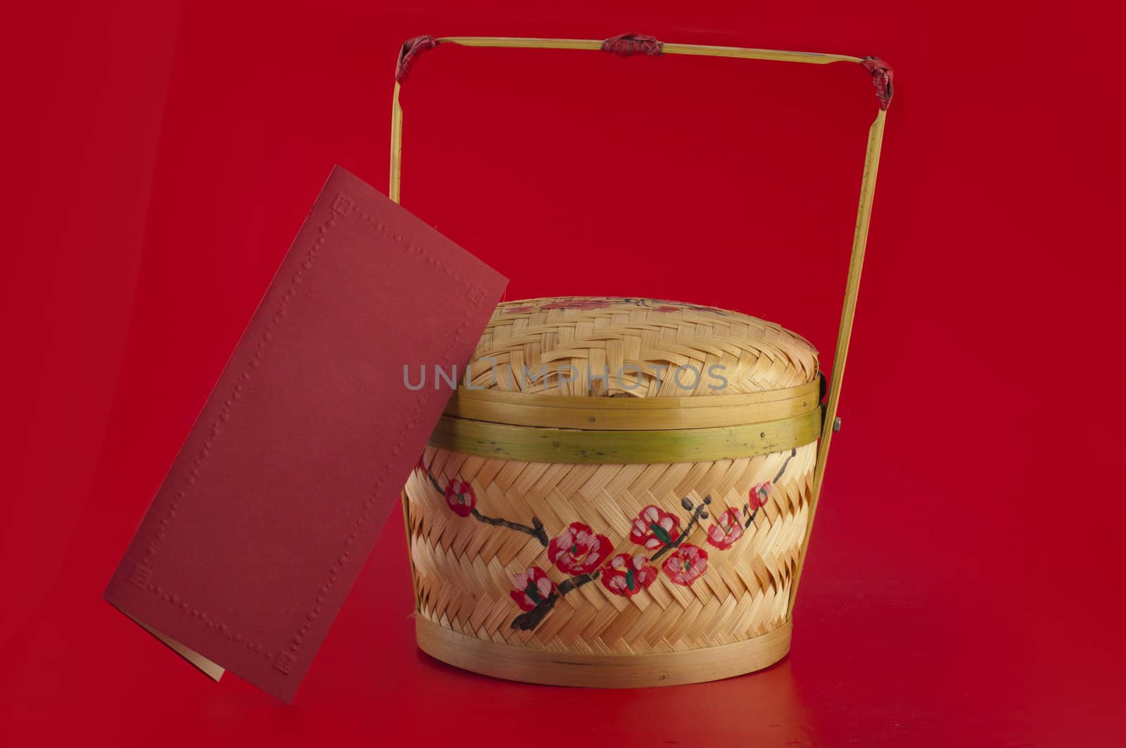 chinese new year basket with a back red card