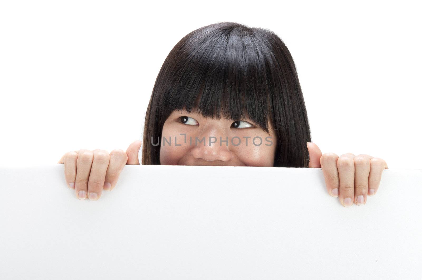 Concept photo of Asian woman holding a white card, covering her  by yuliang11