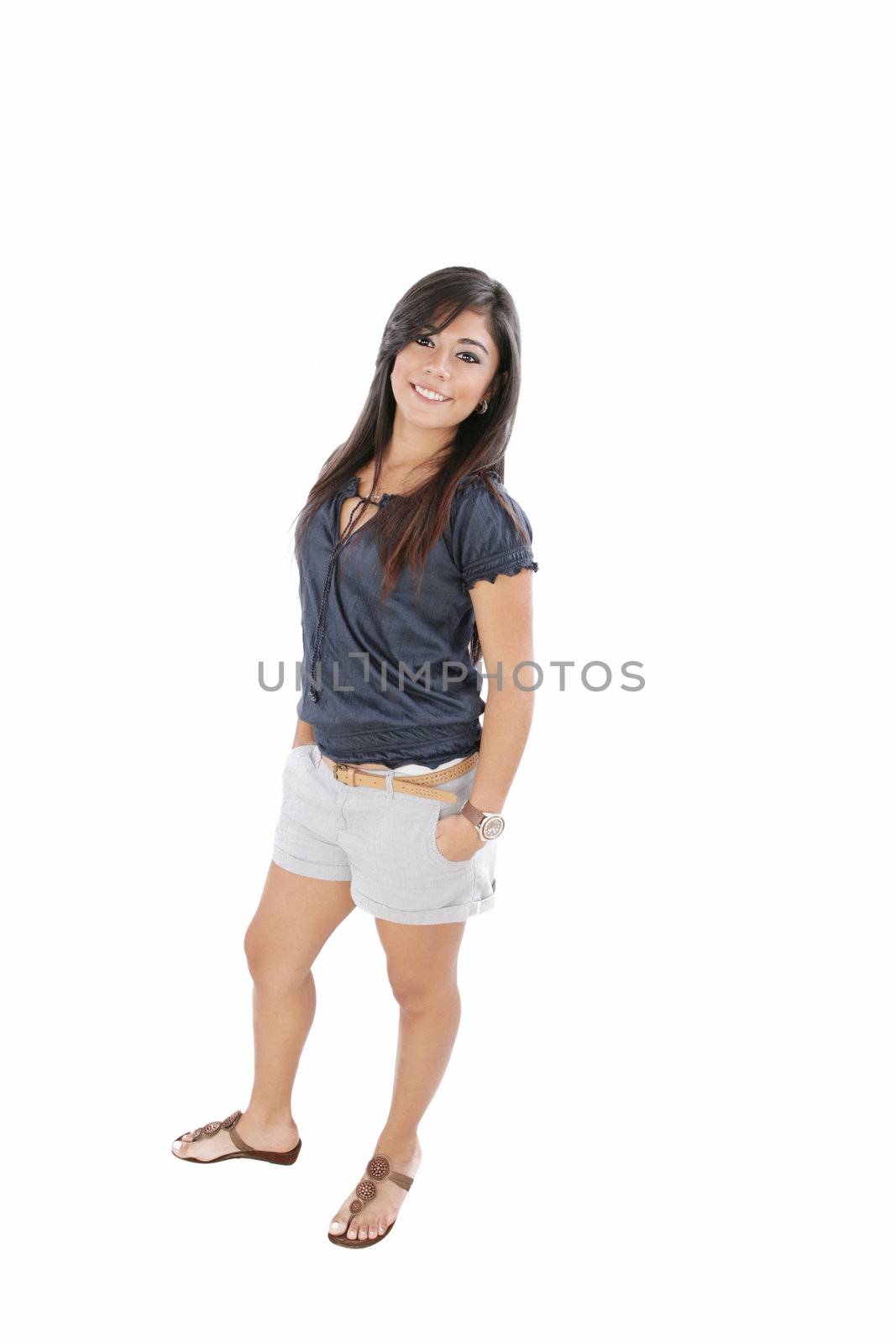 Happy young latin woman standing full length isolated on white background