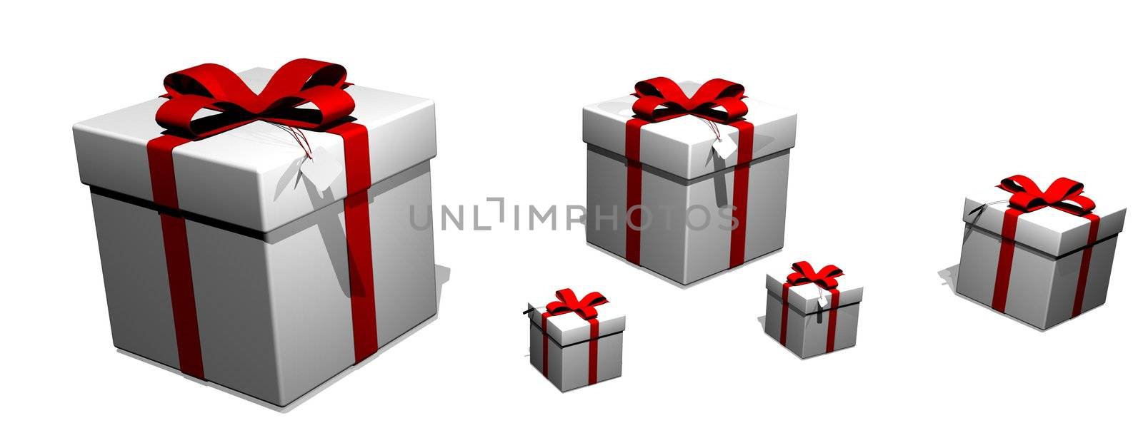 Several big and small gift boxes with red ribbon and white label