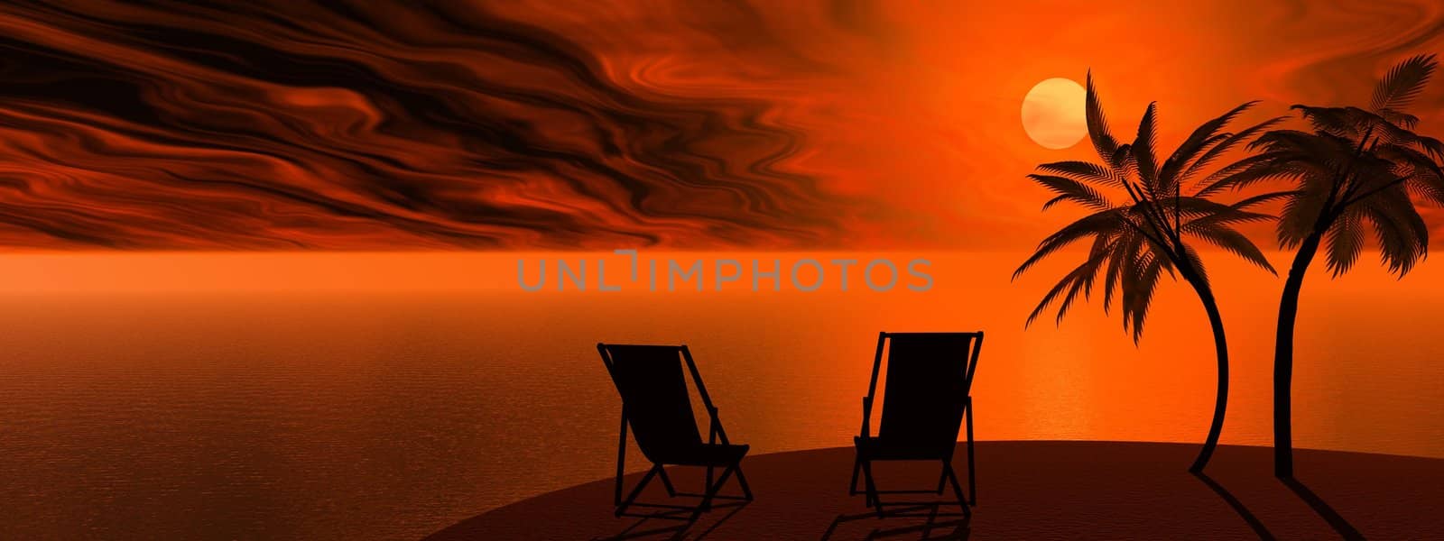 Two chairs and palm trees on the sand next to the sea by red sunset