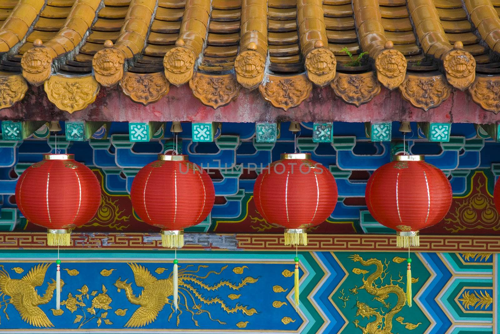 chinese lanterns hanging on roof