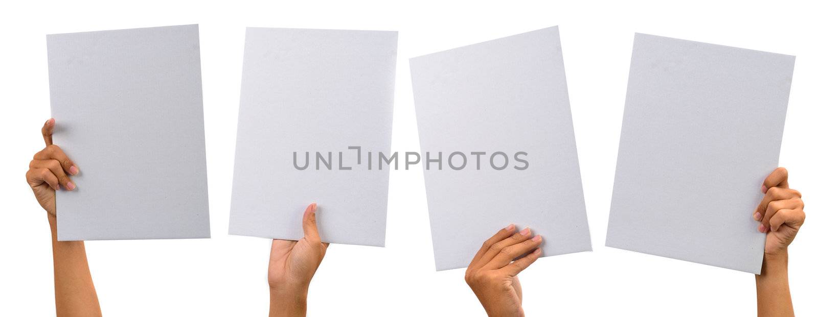 various blank cardboard with hands isolated on white