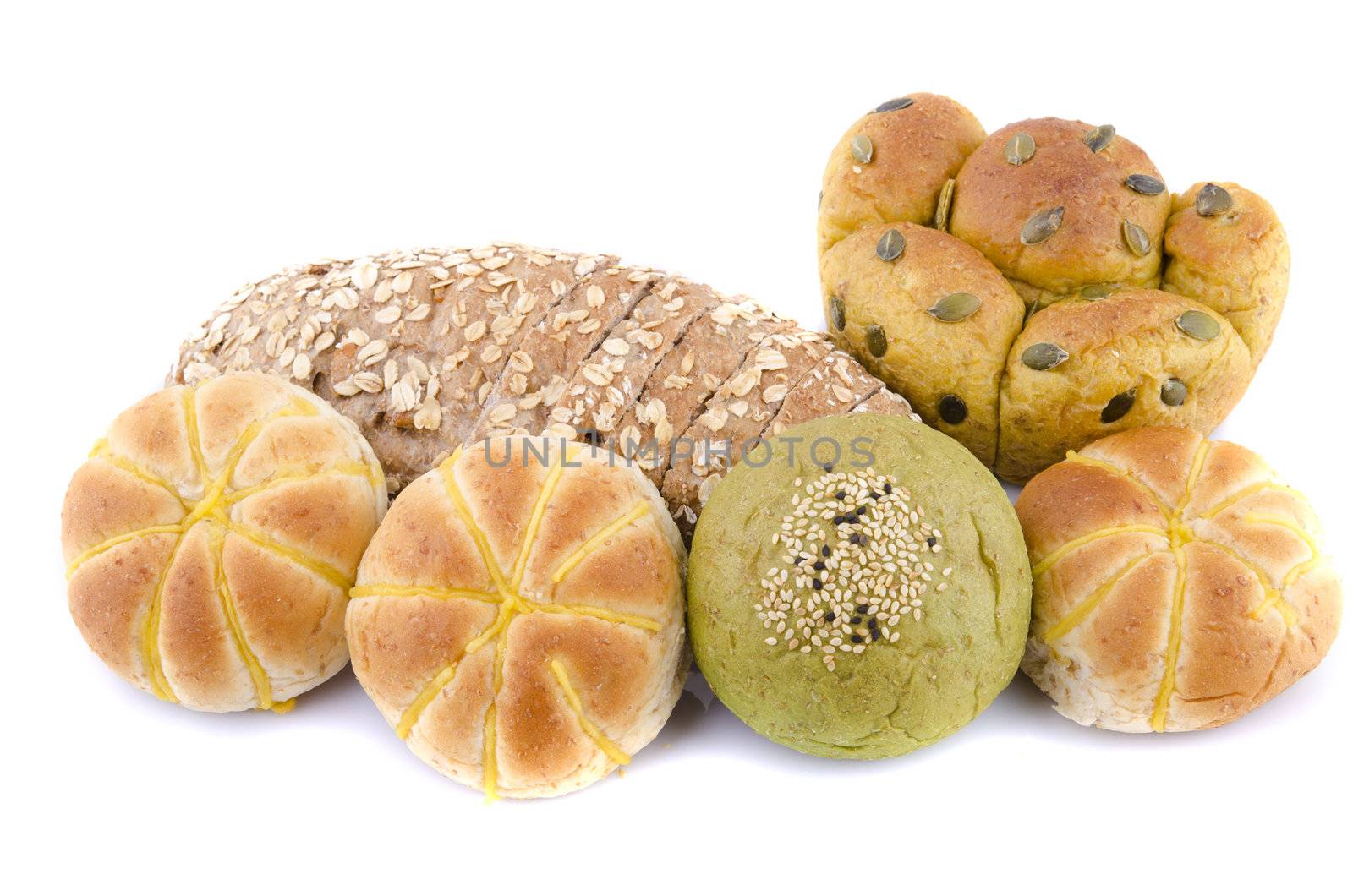 various assorted breads isolated in white