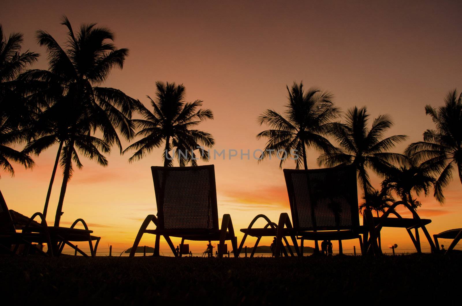 Row deckchairs on beach at sunset, Tanjung Aru, Malaysia