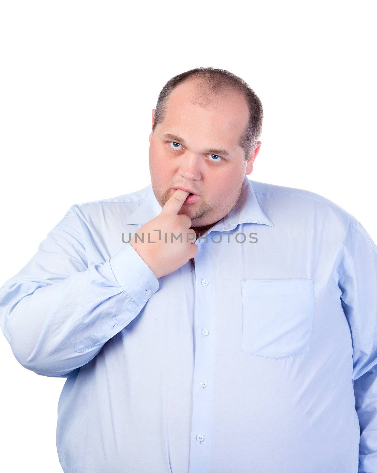 Fat Man in a Blue Shirt, Thumb-Sucking, isolated