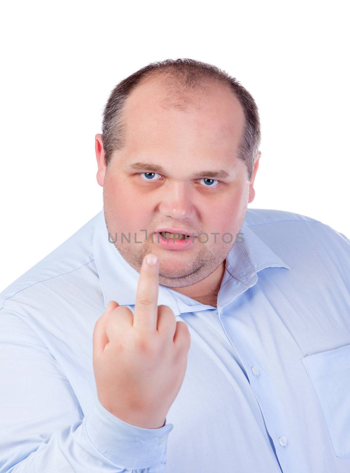 Fat Man in a Blue Shirt, Showing Obscene Gestures, isolated