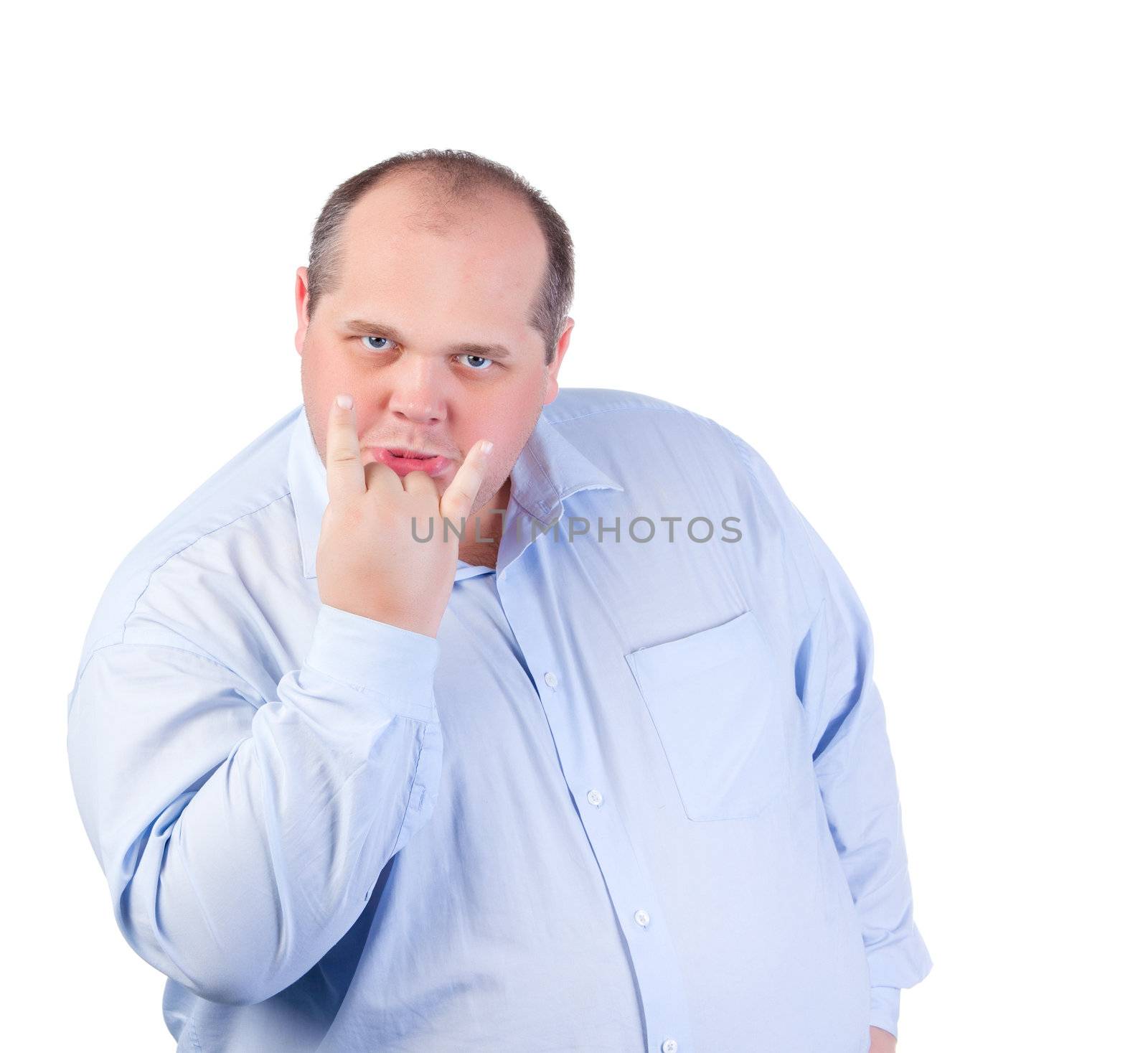 Fat Man in a Blue Shirt, Showing Obscene Gestures by Discovod