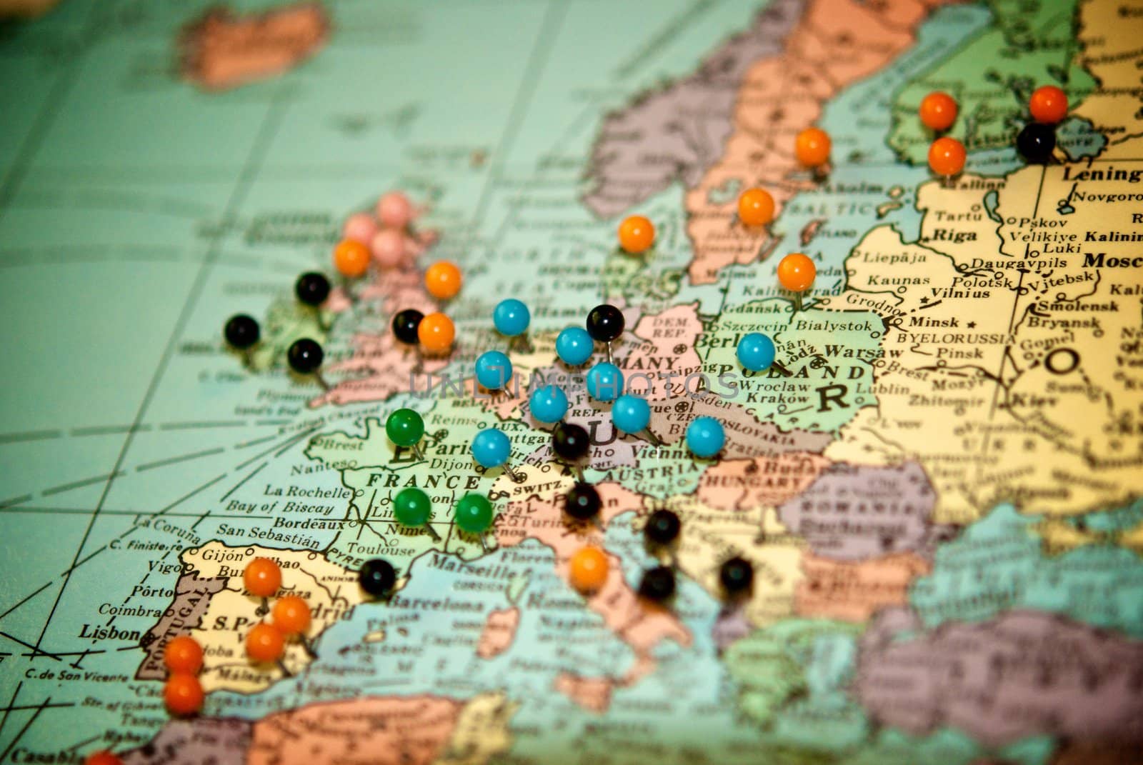 Travel Map with Push Pins with Focus Centered on Paris, France and central Europe