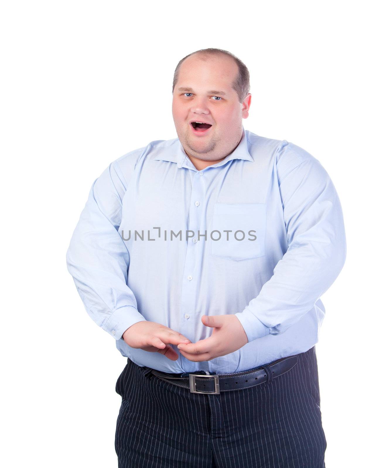 Fat Man in a Blue Shirt, Singing a Song, isolated