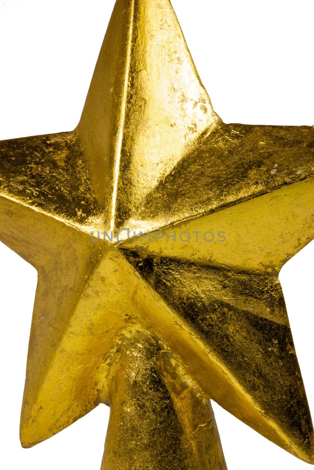 An isolated, metallic golden Christmas tree star in a vertical format