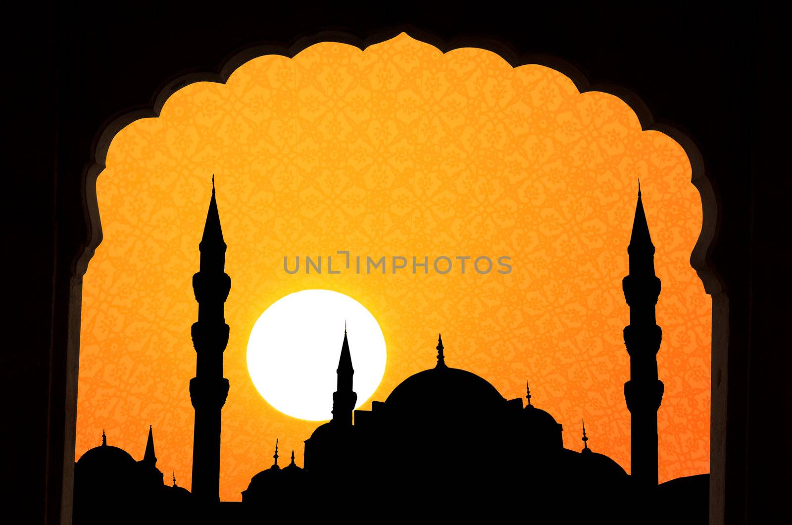 sunset at halga sophia blue mosque turkey with islamic design and windows framed