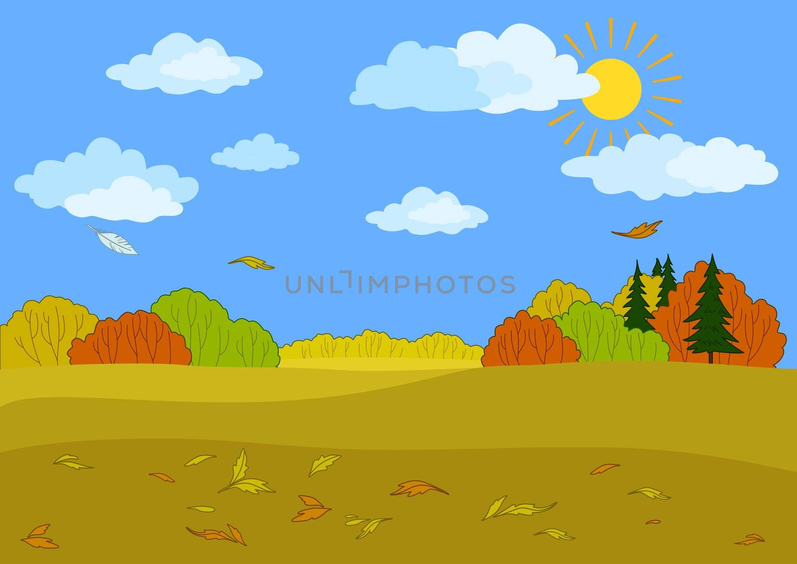 Autumn landscape: sunny blue sky with white clouds, forest and the falling leaves