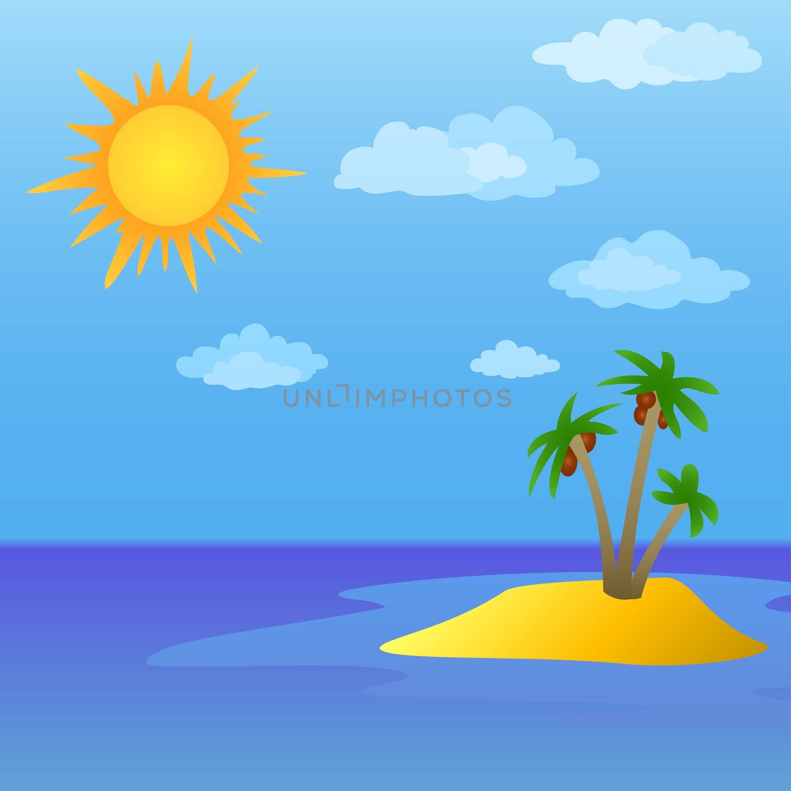 Summer tropical sea landscape: sun, sky and island with palm trees