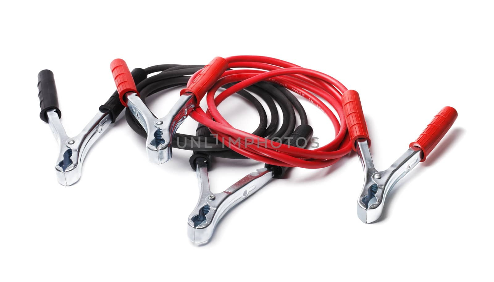 A Set of jumper cables aka jump start cables isolated on white with natural shadows.