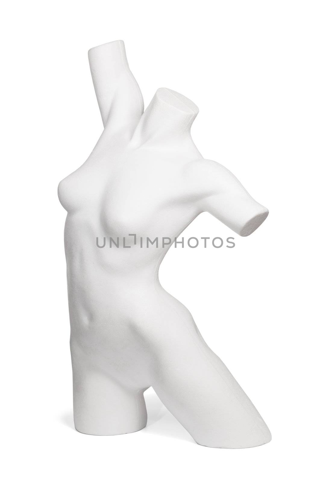 Old fashion mannequin torso made of polystyrene isolated on white with natural shadows.
