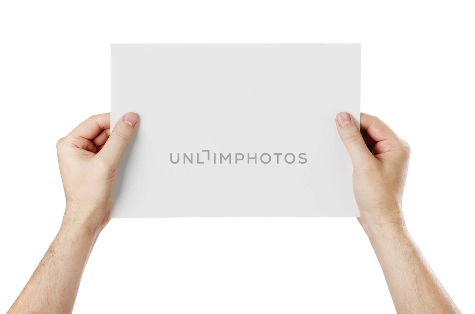Man holding a light grey peper in his hand against white background.