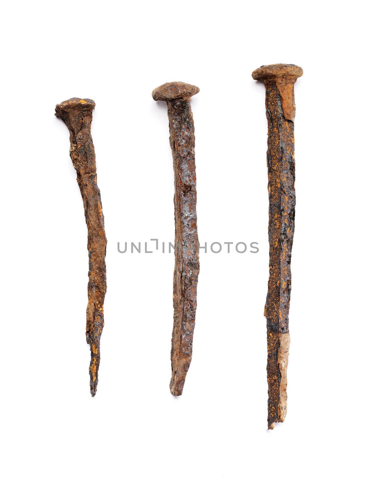 Old handforged rusty nails isolated on white with natural shadows.