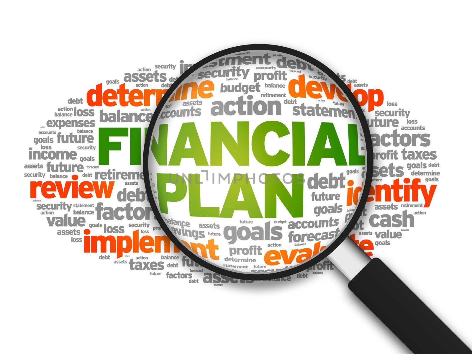 Magnified illustration with the words Financial Plan on white background.