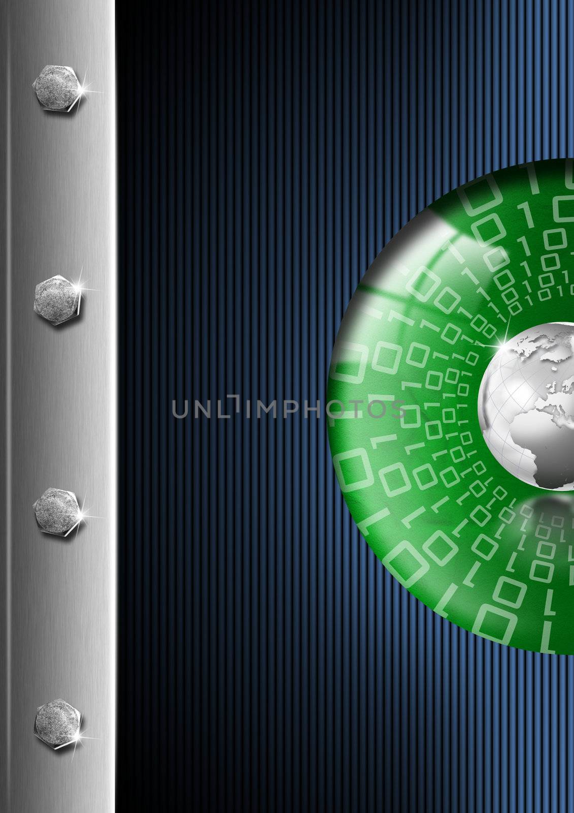 Blue, green and metal business background with globe and reflections
