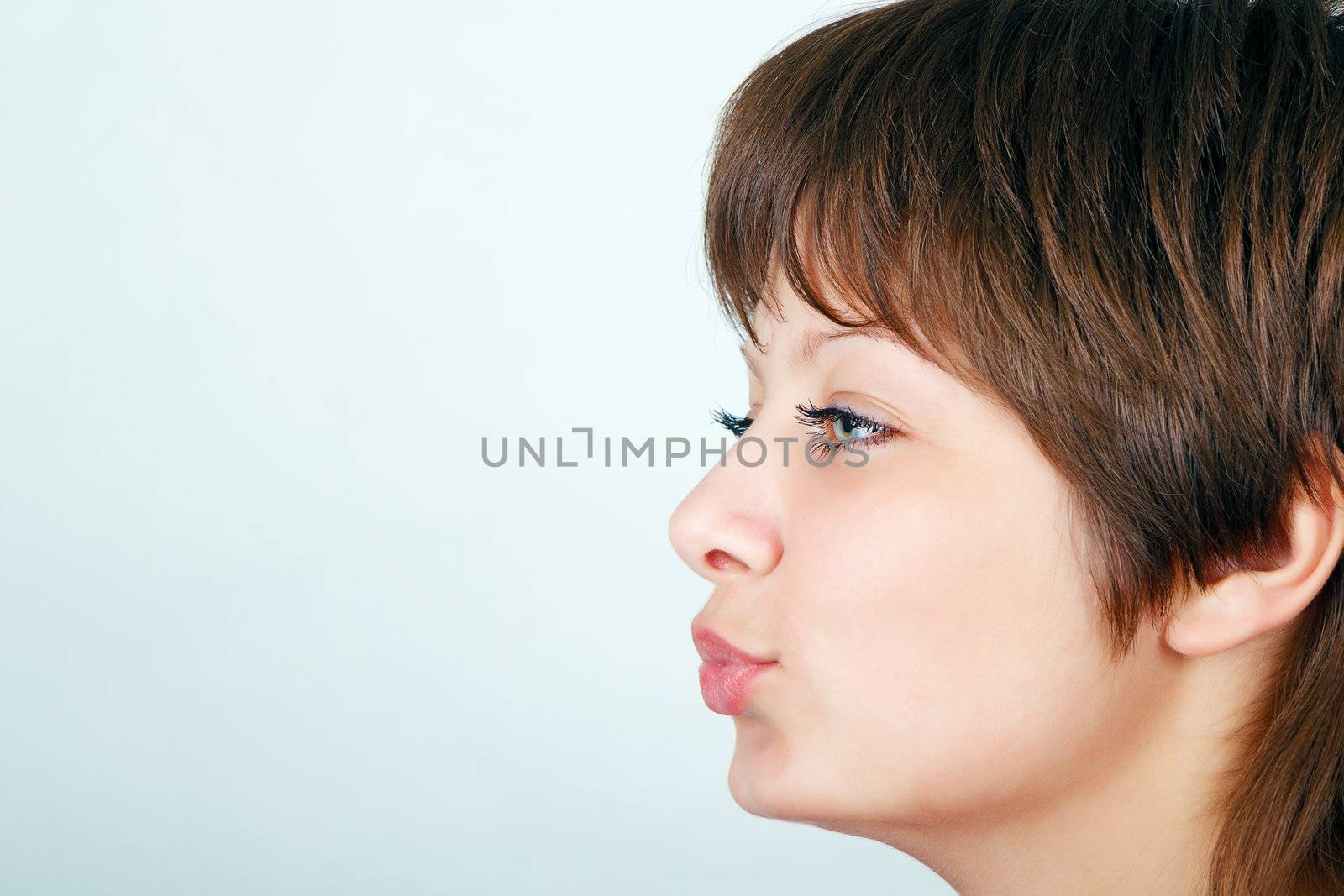 portrait kissing girls isolated on white background. Profile