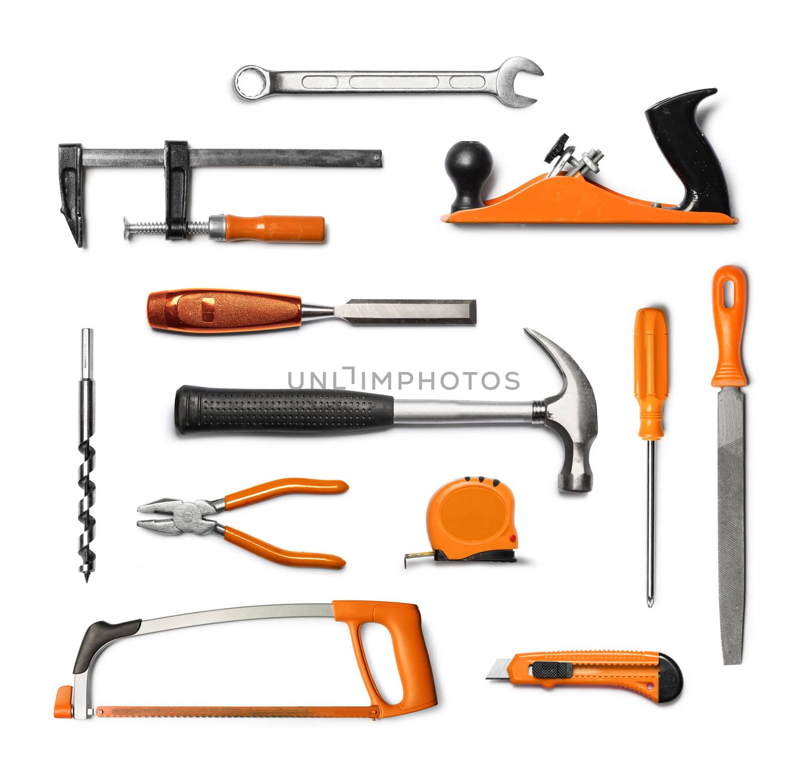 Mechanic hand tools kit, black and orange, isolated on white background