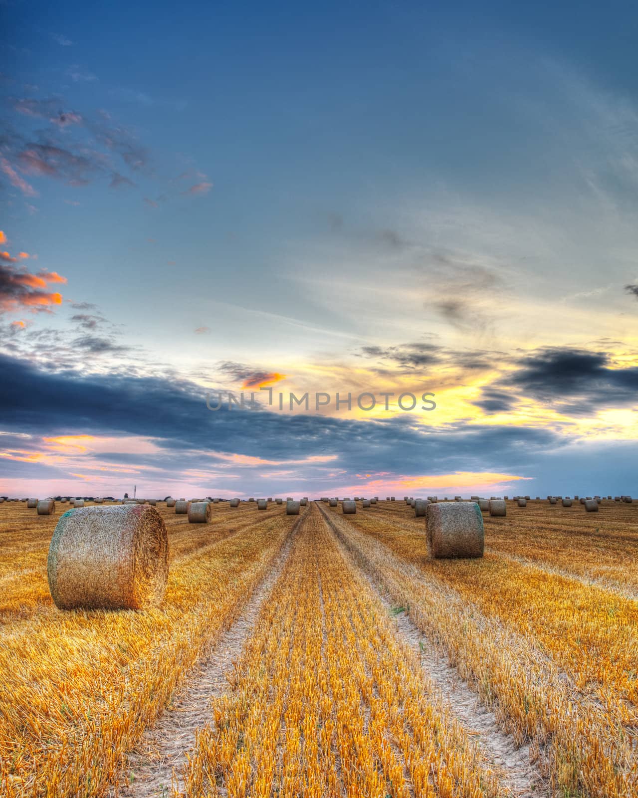 Beautiful sunset over a field with bales of hay.