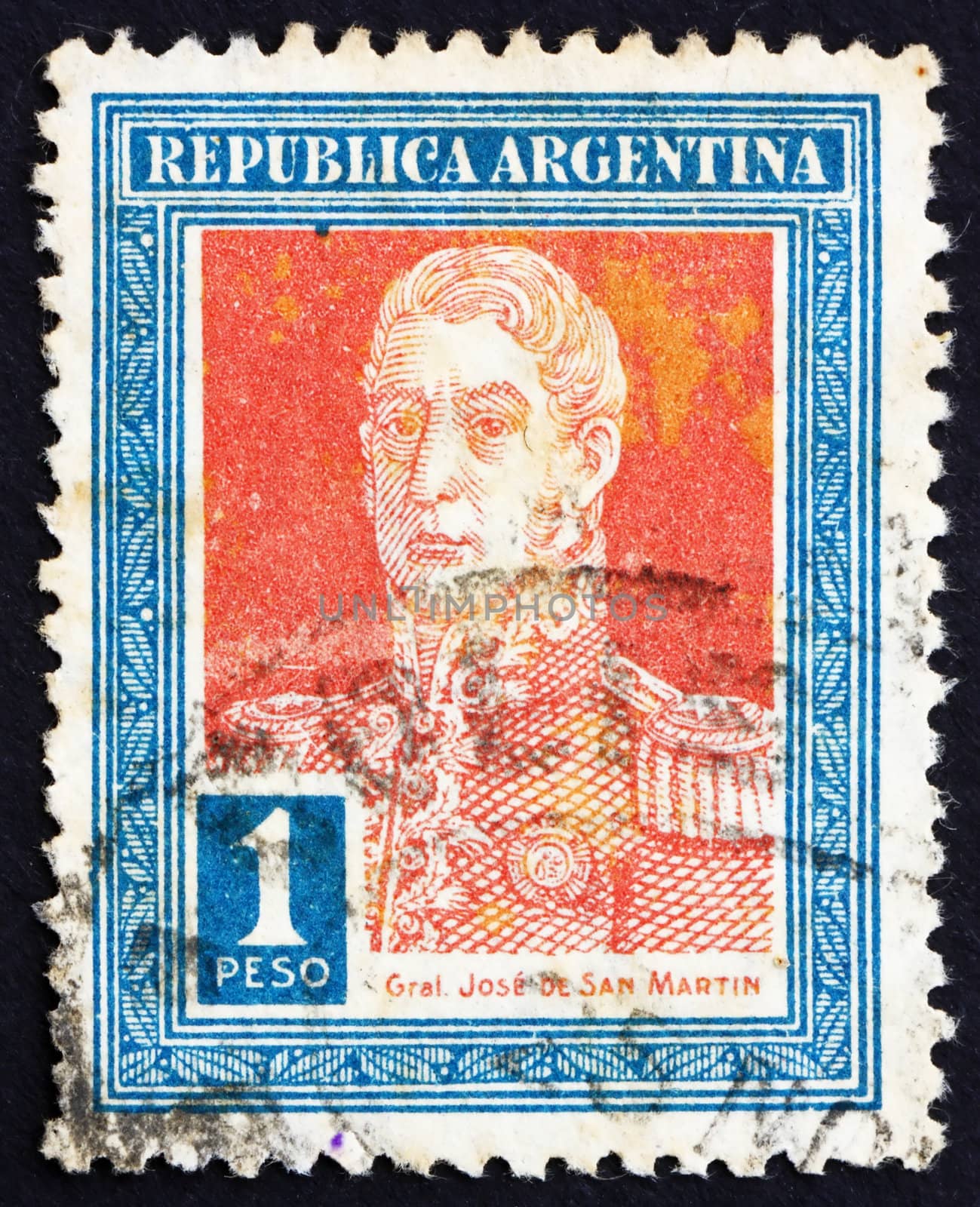 ARGENTINA - CIRCA 1923: a stamp printed in the Argentina shows Jose de San Martin, General, circa 1923