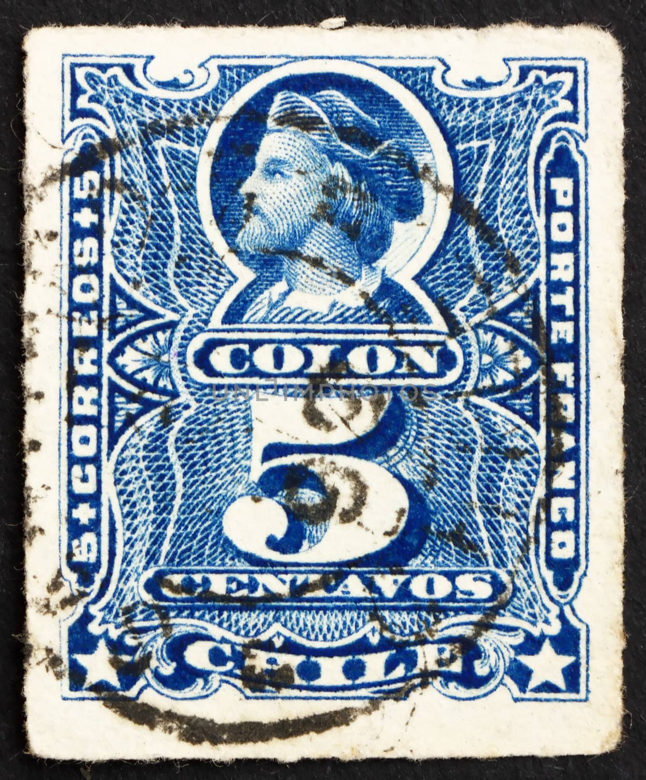 CHILE - CIRCA 1883: a stamp printed in the Chile shows Christopher Columbus, Cristobal Colon, Explorer, Colonizer, Navigator, circa 1883