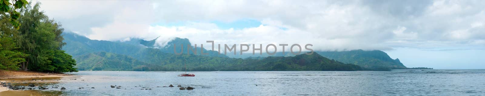 A panoramic shot of Hanalei Bay on the Island of Kauai in Hawaii