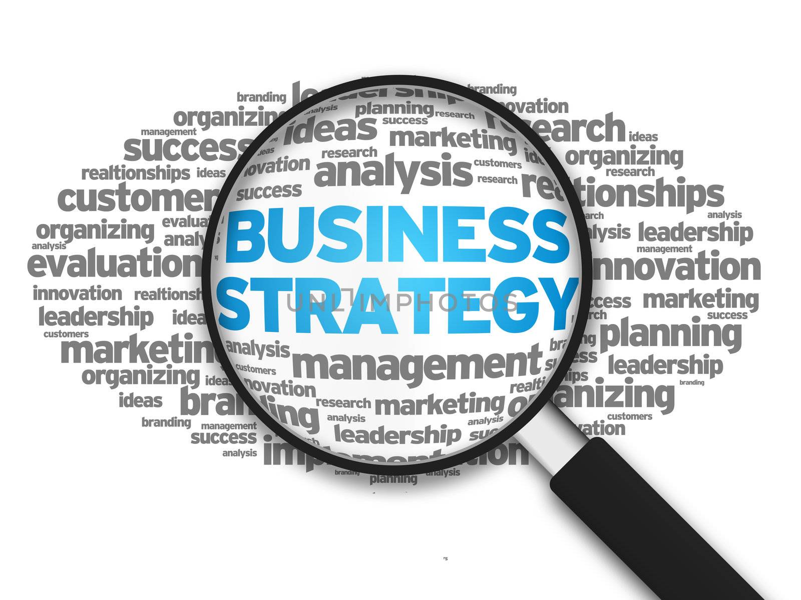Magnified illustration with the word Business Strategy on white background.
