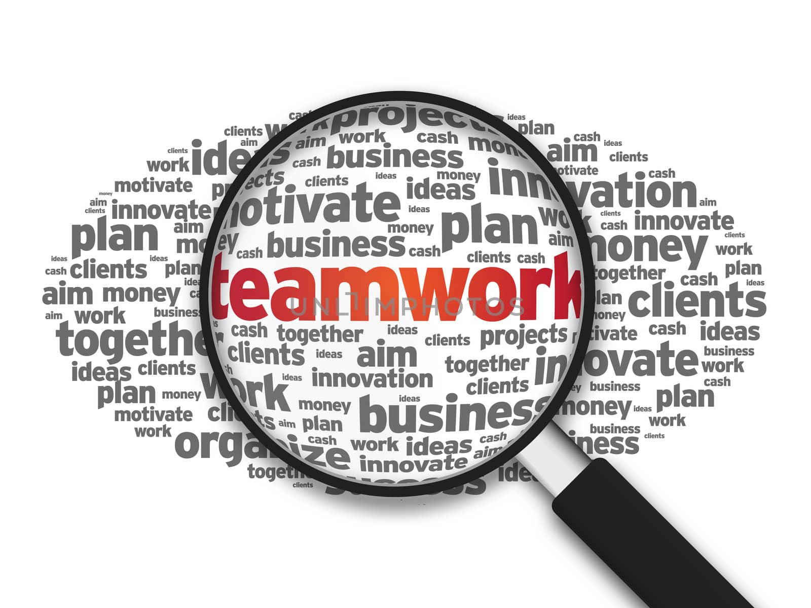 Magnified illustration with the word Teamwork on white background.