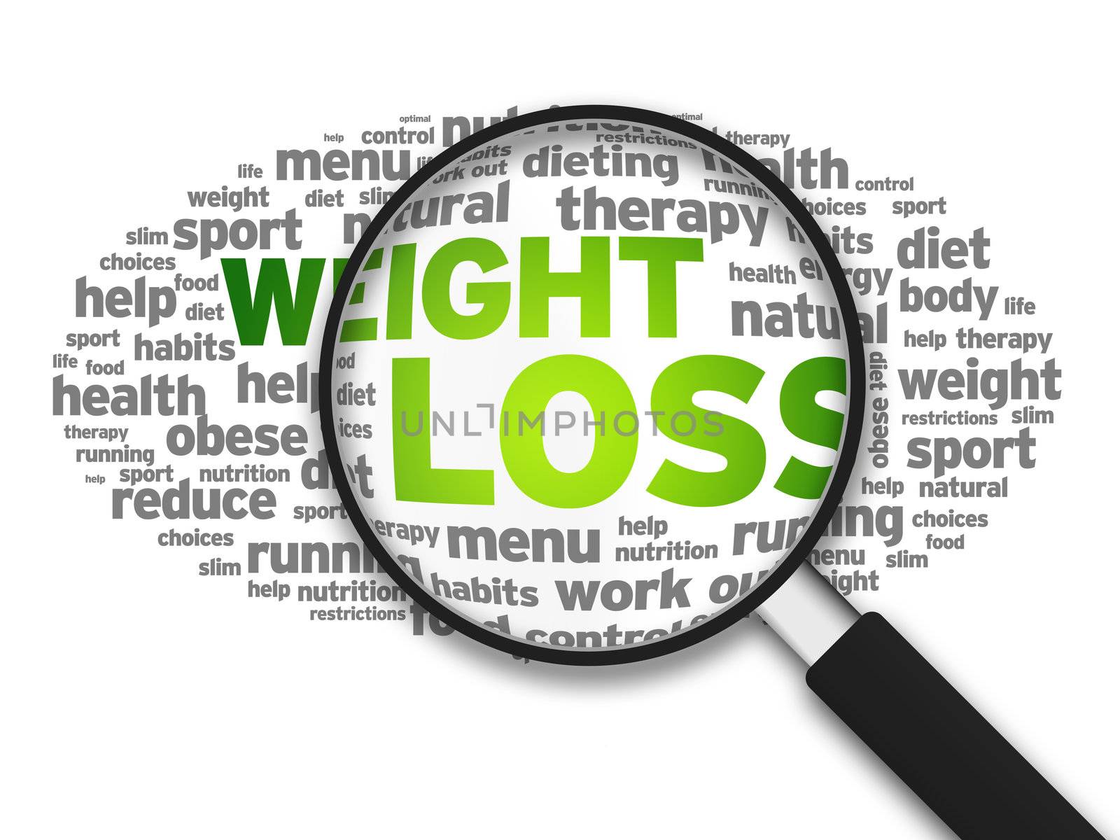 Magnified illustration with the word Weight Loss on white background.