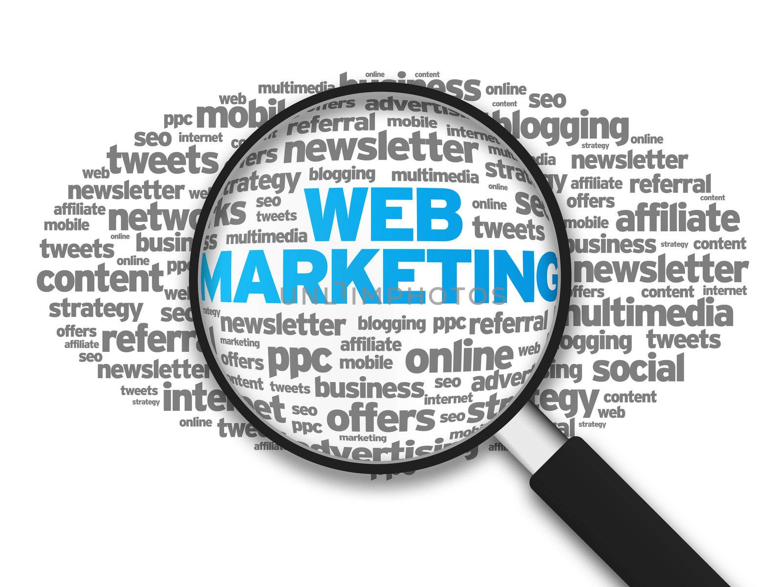 Magnified illustration with the word Web Marketing on white background.