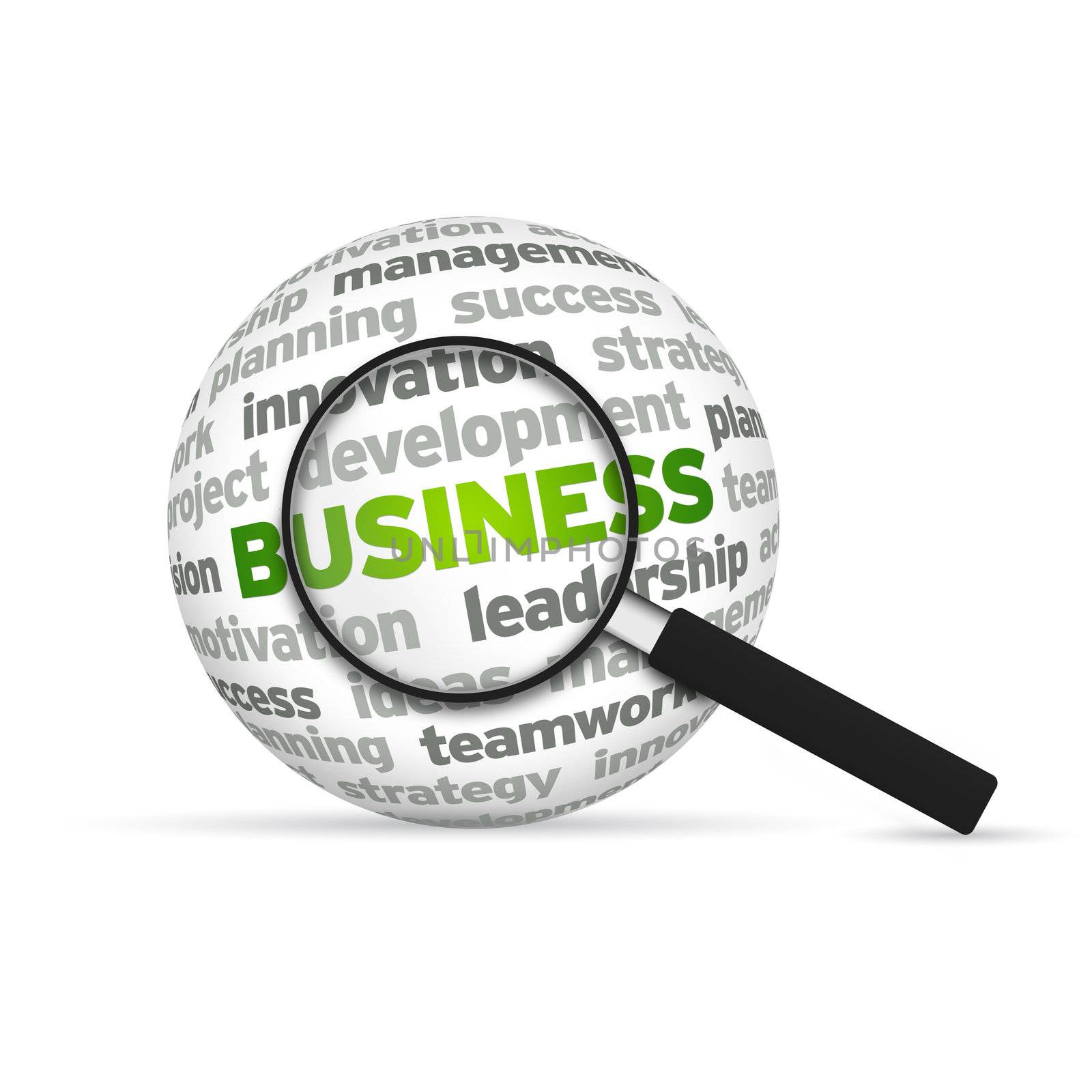 Business 3d Word Sphere with magnifying glass on white background.