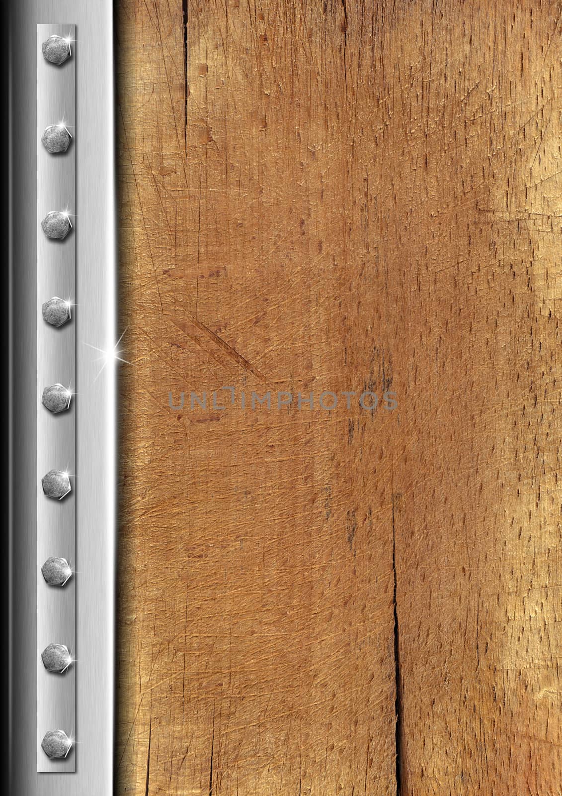 Wood and metal vintage background with bolts and reflections
